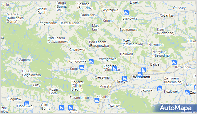 mapa Pstrągówka gmina Wiśniowa, Pstrągówka gmina Wiśniowa na mapie Targeo