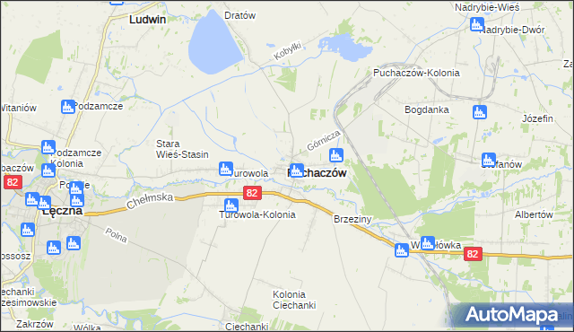 mapa Puchaczów powiat łęczyński, Puchaczów powiat łęczyński na mapie Targeo