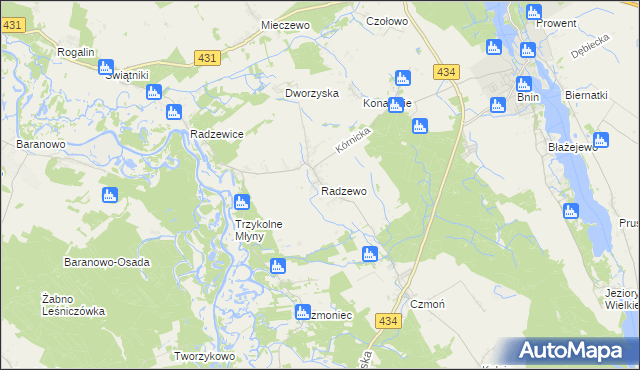 mapa Radzewo gmina Kórnik, Radzewo gmina Kórnik na mapie Targeo