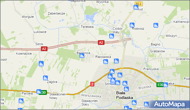 mapa Rakowiska gmina Biała Podlaska, Rakowiska gmina Biała Podlaska na mapie Targeo