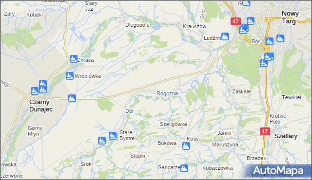 mapa Rogoźnik gmina Nowy Targ, Rogoźnik gmina Nowy Targ na mapie Targeo