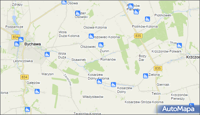 mapa Romanów gmina Bychawa, Romanów gmina Bychawa na mapie Targeo