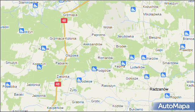mapa Romanów gmina Wyśmierzyce, Romanów gmina Wyśmierzyce na mapie Targeo