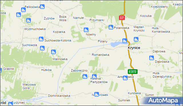 mapa Romanówka gmina Krynice, Romanówka gmina Krynice na mapie Targeo