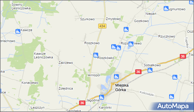 mapa Roszkówko gmina Miejska Górka, Roszkówko gmina Miejska Górka na mapie Targeo