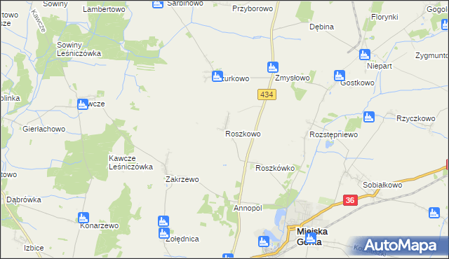 mapa Roszkowo gmina Miejska Górka, Roszkowo gmina Miejska Górka na mapie Targeo
