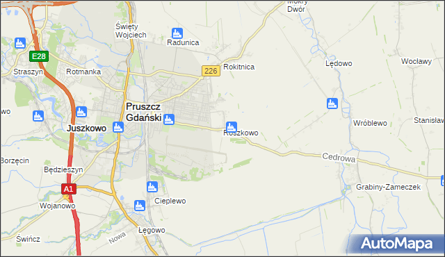 mapa Roszkowo gmina Pruszcz Gdański, Roszkowo gmina Pruszcz Gdański na mapie Targeo