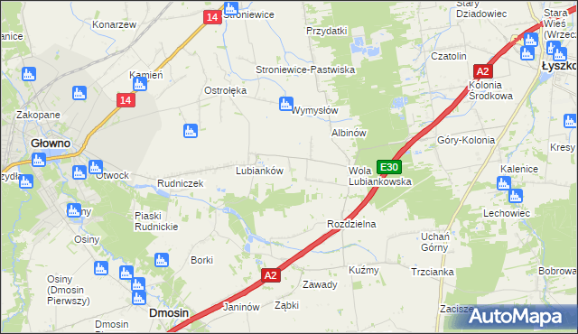 mapa Różany gmina Głowno, Różany gmina Głowno na mapie Targeo
