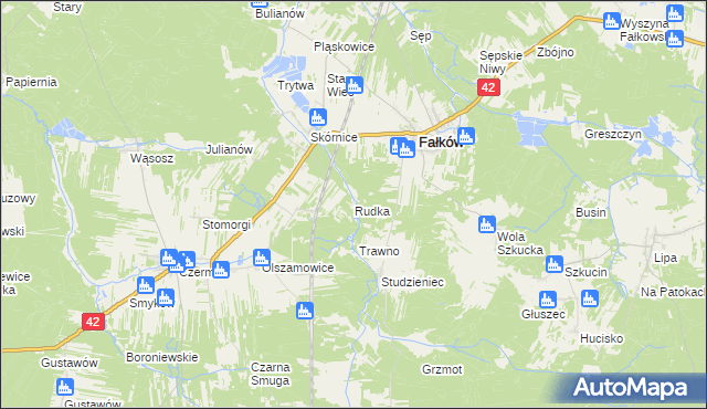 mapa Rudka gmina Fałków, Rudka gmina Fałków na mapie Targeo