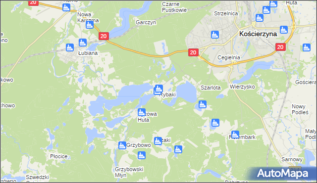 mapa Rybaki gmina Kościerzyna, Rybaki gmina Kościerzyna na mapie Targeo