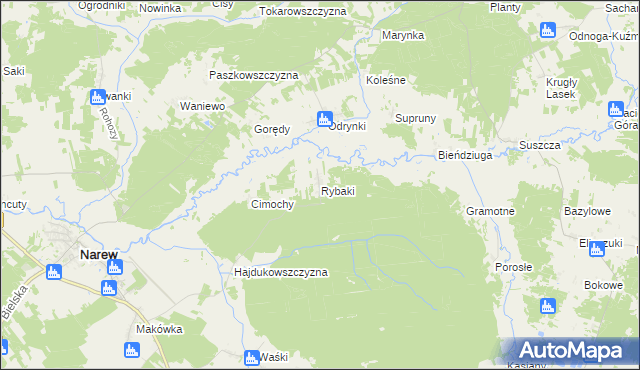 mapa Rybaki gmina Narew, Rybaki gmina Narew na mapie Targeo