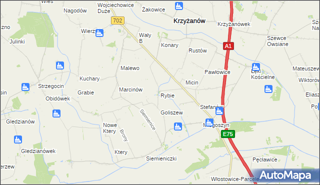 mapa Rybie gmina Krzyżanów, Rybie gmina Krzyżanów na mapie Targeo