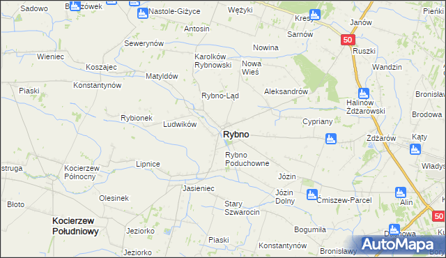 mapa Rybno powiat sochaczewski, Rybno powiat sochaczewski na mapie Targeo