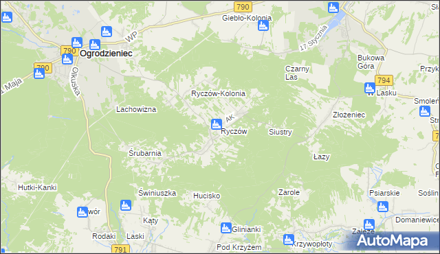 mapa Ryczów gmina Ogrodzieniec, Ryczów gmina Ogrodzieniec na mapie Targeo
