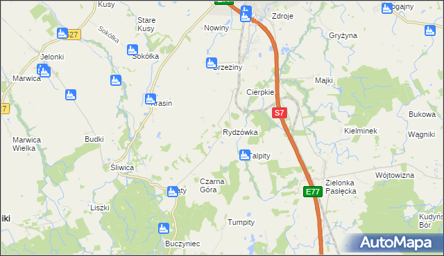 mapa Rydzówka gmina Pasłęk, Rydzówka gmina Pasłęk na mapie Targeo