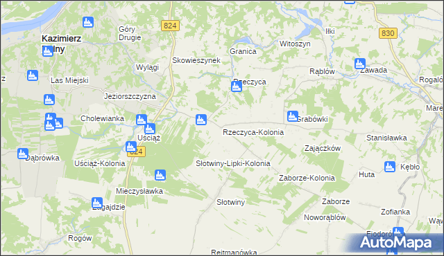 mapa Rzeczyca-Kolonia gmina Kazimierz Dolny, Rzeczyca-Kolonia gmina Kazimierz Dolny na mapie Targeo