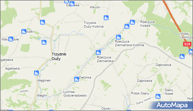 mapa Rzeczyca Ziemiańska, Rzeczyca Ziemiańska na mapie Targeo