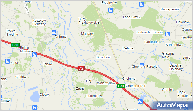 mapa Rzuchów gmina Dąbie, Rzuchów gmina Dąbie na mapie Targeo