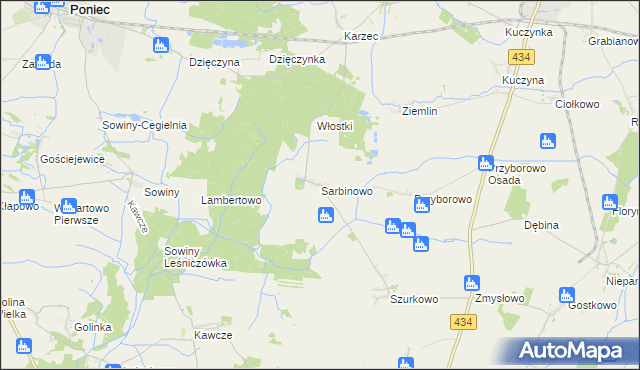 mapa Sarbinowo gmina Poniec, Sarbinowo gmina Poniec na mapie Targeo