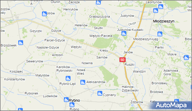 mapa Sarnów gmina Rybno, Sarnów gmina Rybno na mapie Targeo
