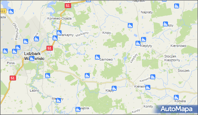 mapa Sarnowo gmina Lidzbark Warmiński, Sarnowo gmina Lidzbark Warmiński na mapie Targeo