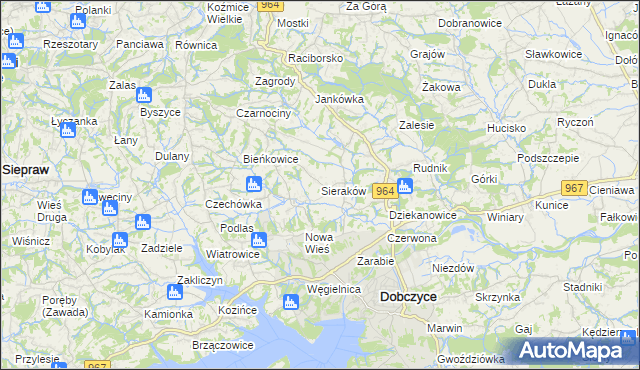 mapa Sieraków gmina Dobczyce, Sieraków gmina Dobczyce na mapie Targeo
