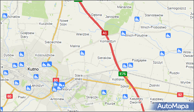 mapa Sieraków gmina Kutno, Sieraków gmina Kutno na mapie Targeo
