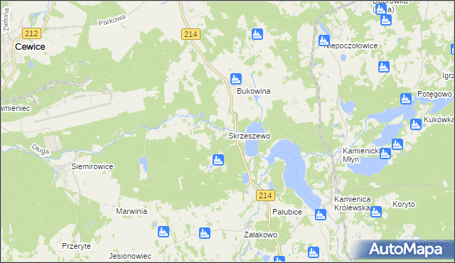 mapa Skrzeszewo gmina Sierakowice, Skrzeszewo gmina Sierakowice na mapie Targeo