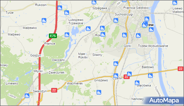 mapa Śliwiny gmina Tczew, Śliwiny gmina Tczew na mapie Targeo