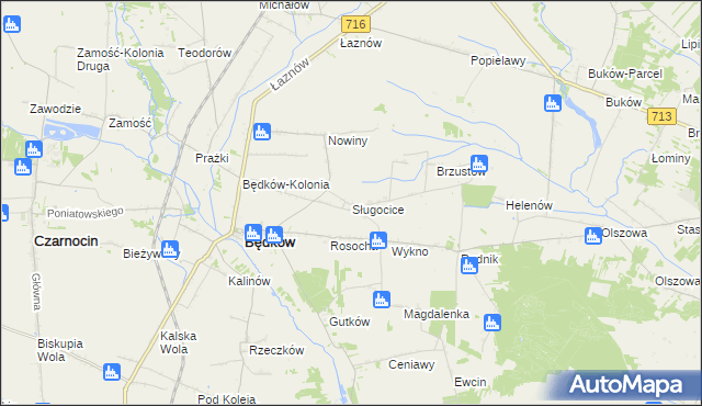 mapa Sługocice gmina Będków, Sługocice gmina Będków na mapie Targeo