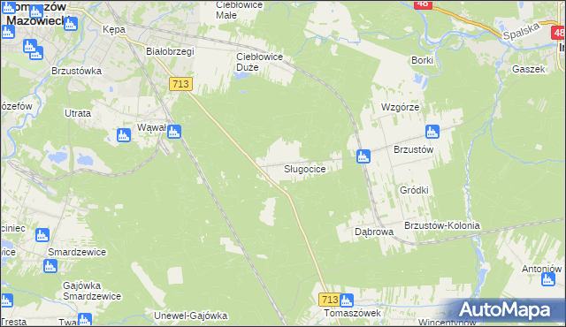 mapa Sługocice gmina Tomaszów Mazowiecki, Sługocice gmina Tomaszów Mazowiecki na mapie Targeo