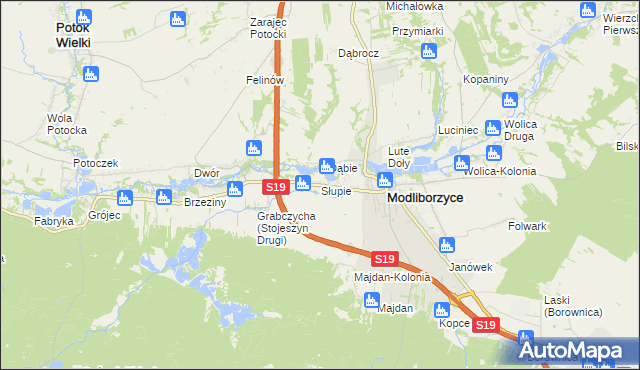 mapa Słupie gmina Modliborzyce, Słupie gmina Modliborzyce na mapie Targeo