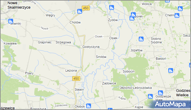 mapa Śmiłów gmina Nowe Skalmierzyce, Śmiłów gmina Nowe Skalmierzyce na mapie Targeo