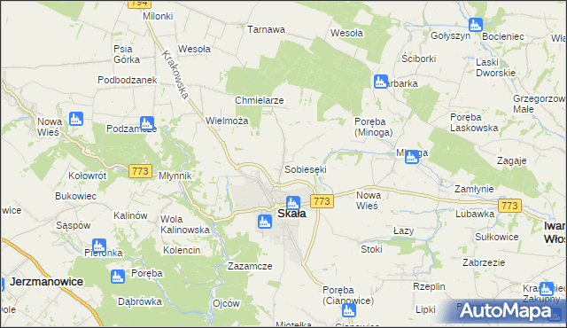 mapa Sobiesęki gmina Skała, Sobiesęki gmina Skała na mapie Targeo