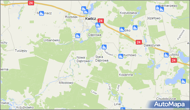 mapa Stara Dąbrowa gmina Kwilcz, Stara Dąbrowa gmina Kwilcz na mapie Targeo