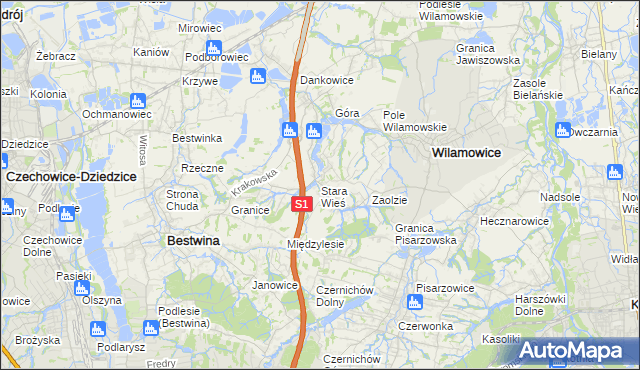 mapa Stara Wieś gmina Wilamowice, Stara Wieś gmina Wilamowice na mapie Targeo