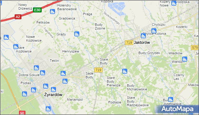 mapa Stare Budy gmina Jaktorów, Stare Budy gmina Jaktorów na mapie Targeo