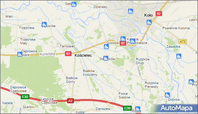 mapa Straszków gmina Kościelec, Straszków gmina Kościelec na mapie Targeo