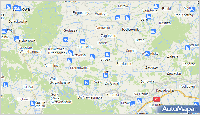 mapa Stróża gmina Dobra, Stróża gmina Dobra na mapie Targeo