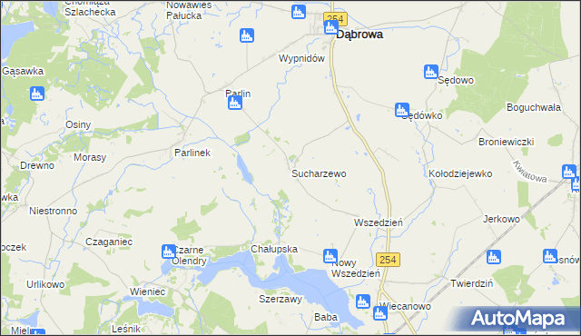 mapa Sucharzewo gmina Dąbrowa, Sucharzewo gmina Dąbrowa na mapie Targeo