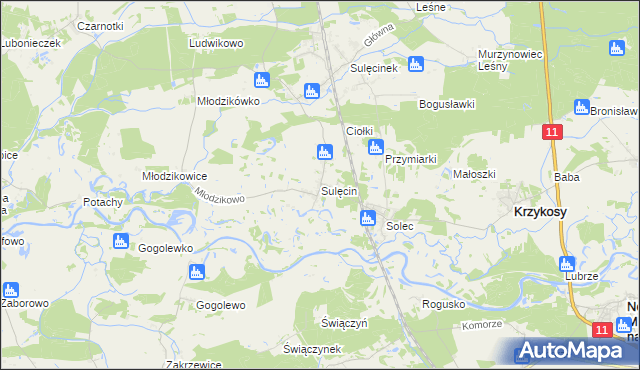 mapa Sulęcin gmina Krzykosy, Sulęcin gmina Krzykosy na mapie Targeo