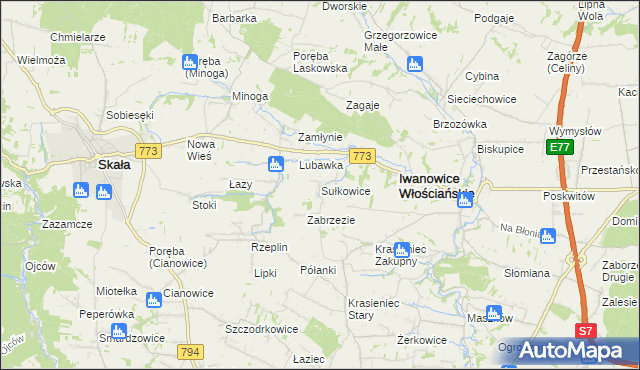 mapa Sułkowice gmina Iwanowice, Sułkowice gmina Iwanowice na mapie Targeo