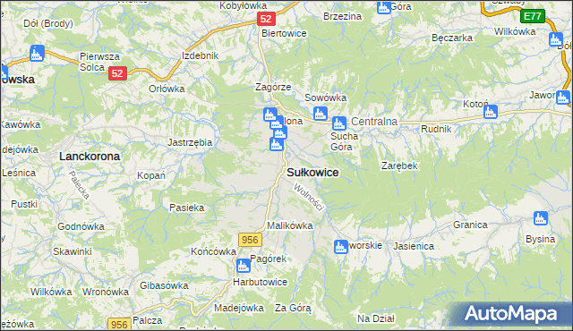 mapa Sułkowice powiat myślenicki, Sułkowice powiat myślenicki na mapie Targeo