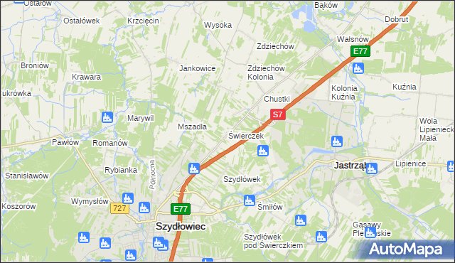 mapa Świerczek gmina Szydłowiec, Świerczek gmina Szydłowiec na mapie Targeo