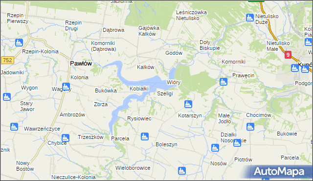 mapa Szeligi gmina Pawłów, Szeligi gmina Pawłów na mapie Targeo