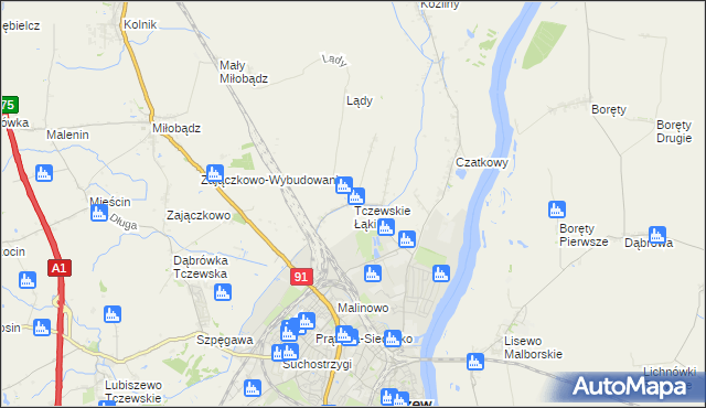 mapa Tczewskie Łąki, Tczewskie Łąki na mapie Targeo