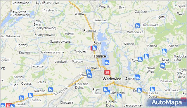 mapa Tomice powiat wadowicki, Tomice powiat wadowicki na mapie Targeo