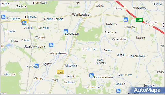 mapa Truskawiec gmina Wartkowice, Truskawiec gmina Wartkowice na mapie Targeo