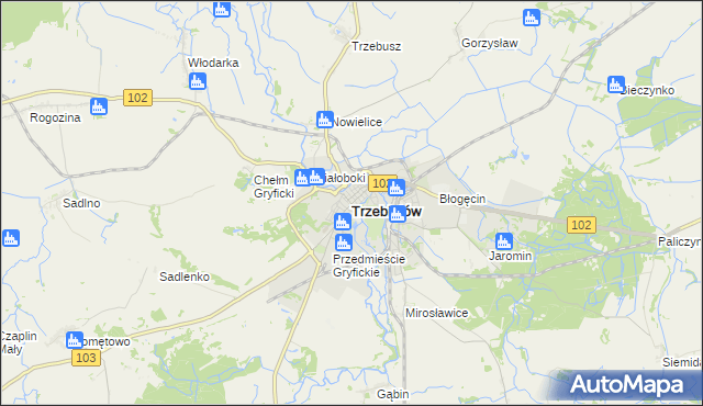 mapa Trzebiatów powiat gryficki, Trzebiatów powiat gryficki na mapie Targeo