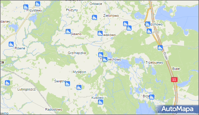mapa Trzebiechowo gmina Szczecinek, Trzebiechowo gmina Szczecinek na mapie Targeo
